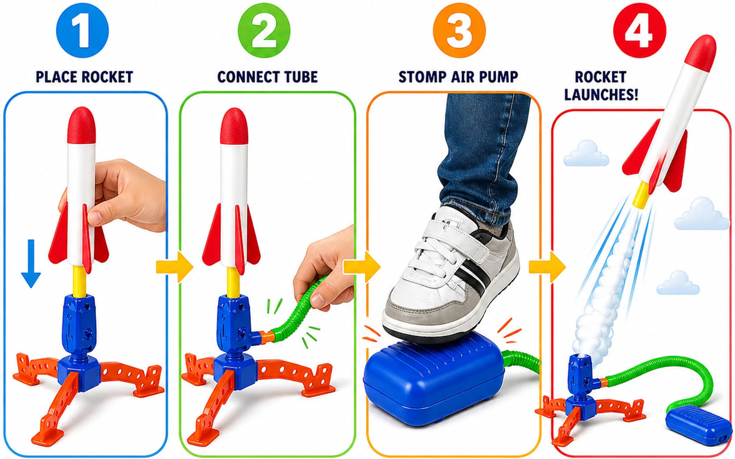 Jump Rocket Stomp Launcher and 3 Foam Tipped Rockets with Whistling Sound