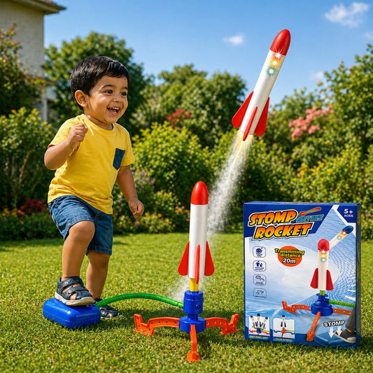 Jump Rocket Stomp Launcher and 3 Foam Tipped Rockets with Whistling Sound